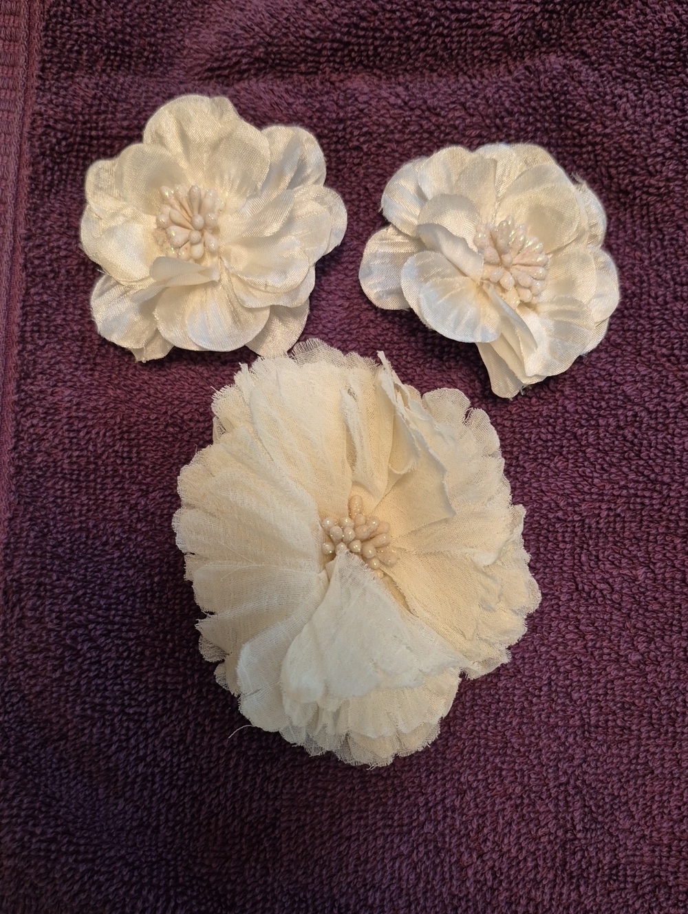 Ivory Fabric Flower Hair Clips - Set of 3